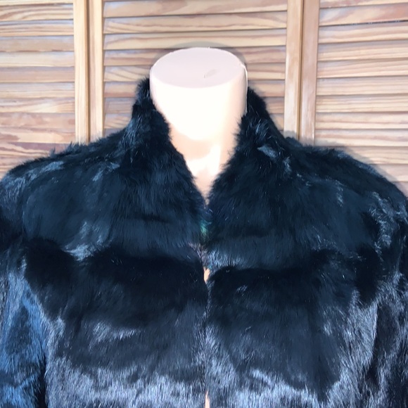 Gorgeous vintage rabbit fur coat turquoise floral silk lining custom made large - Picture 5 of 13